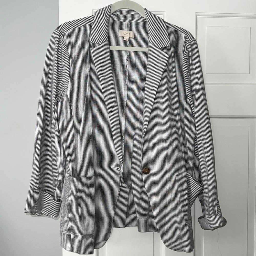 loft navy pinstripe linen blazer